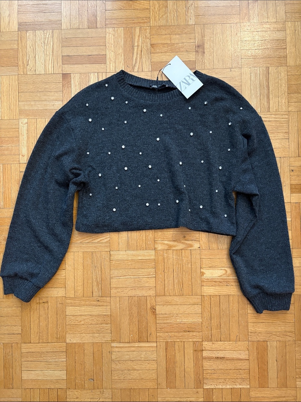 Zara Charcoal rhinestone -Studded Cropped Sweater